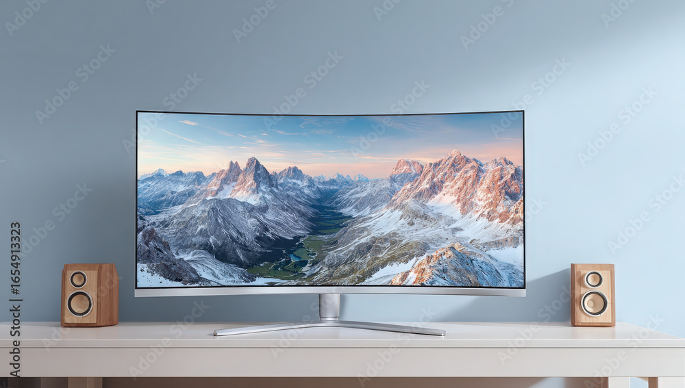 Fototapeta premium Captivating shot of a modern curved computer monitor showcasing breathtaking mountain landscape.