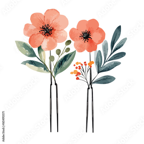 Watercolor Peach Flowers and Berries Hairpins with Dark Green Leaves