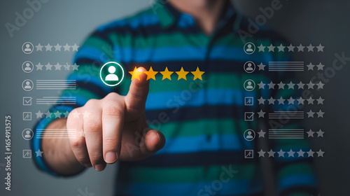Customer selects five star rating on a digital interface for product review