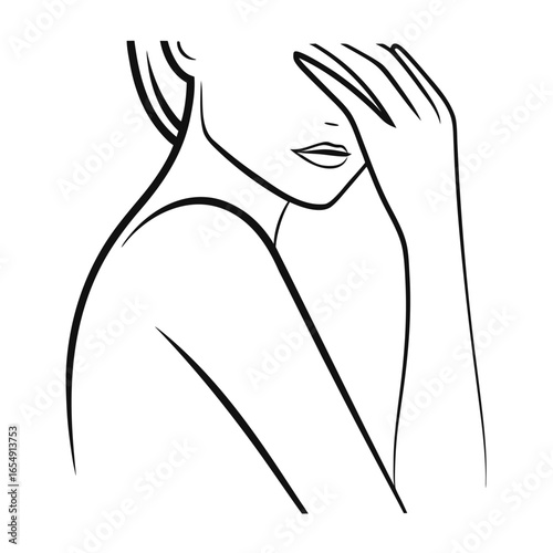 Minimalist black and white line art of a woman covering her face with her hand hiding
