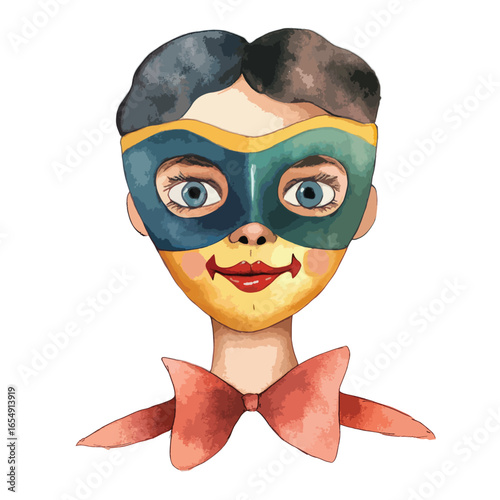 Watercolor Portrait of a Masked Figure with a Bowtie Smiling