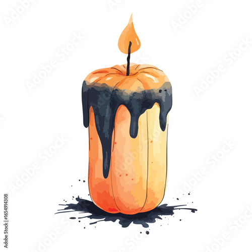 Watercolor Pumpkin Candle with Dripping Wax and Flame