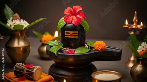 Shiva Lingam Decorated with Flowers and Offerings in a Warmly Lit Spiritual Arrangement Displaying Hindu Religious Traditions and Cultural Symbols