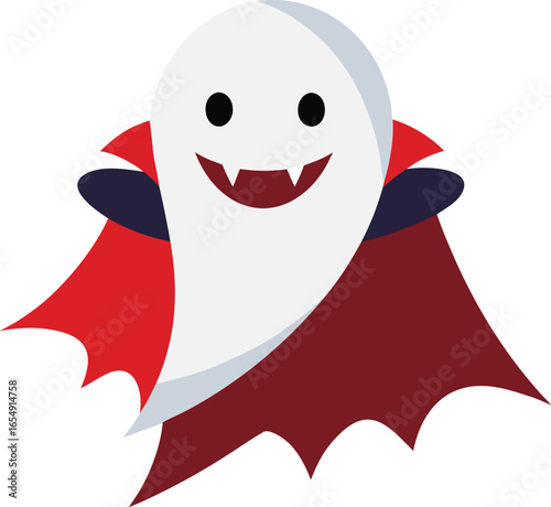 Cute ghost wearing a vampire cape and fangs for halloween