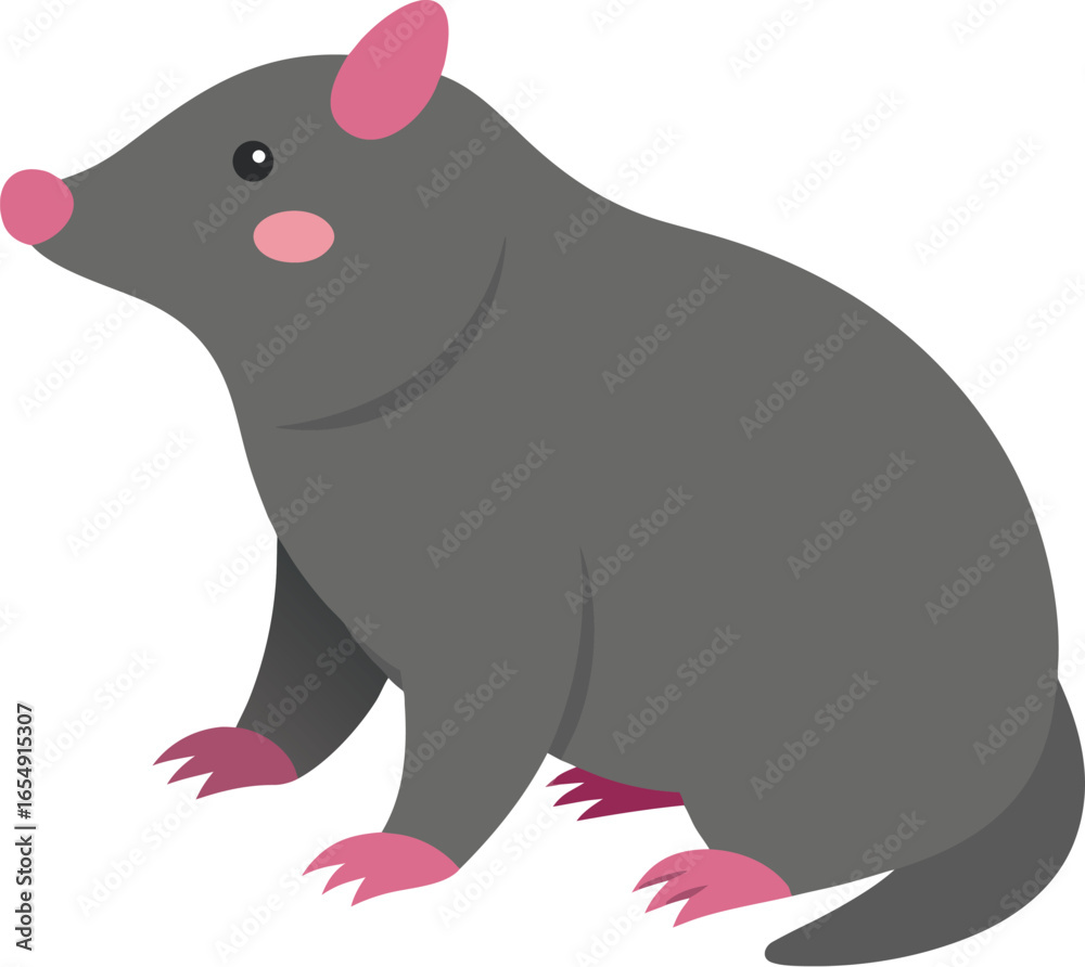 Obraz premium Cute mole illustration with pink nose and paws in dark gray