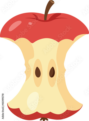 A single partially eaten red apple core with a brown stem isolated on a white background representing waste or leftovers