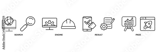 SERP banner web icon vector illustration concept for search engine result page with icon of web search, computer, search engine, mobile search, page result, and statistics graph