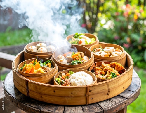 Steamed dim sum platters outdoor