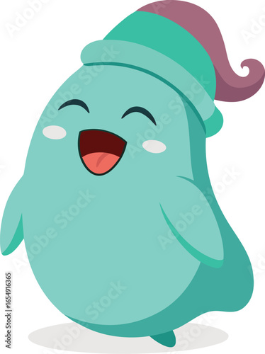 Cute teal ghost wearing a nightcap yawning sleepy