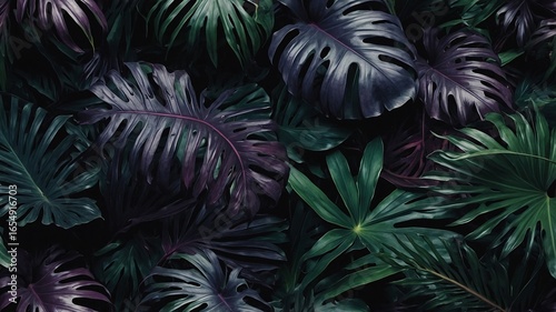 A vibrant collection of tropical leaves in deep greens and purples creates a lush, exotic atmosphere.