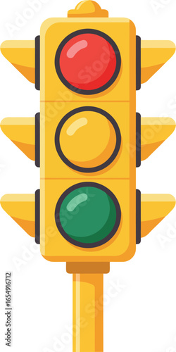 Bright yellow traffic signal with red yellow and green lights illuminated against a clean white background