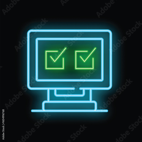 Neon computer monitor displaying two checkboxes, representing online survey, exam, or task completion