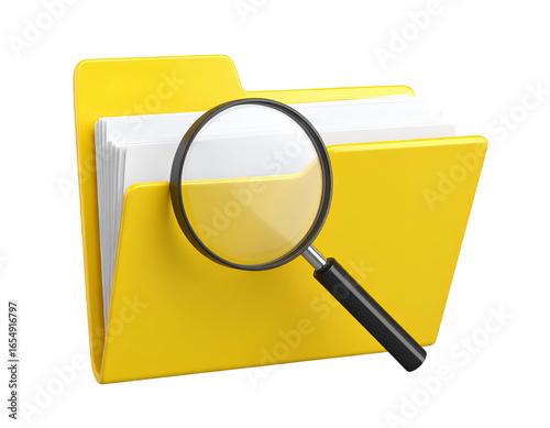 Yellow file folder with magnifying glass on top, document search icon concept, isolated on transparent background.