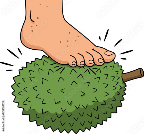 A bare human foot stepping on a spiky green durian fruit with radiating lines indicating impact or sensation