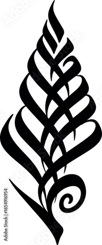 Elegant black calligraphic flourish resembling a stylized fern frond or pine needle on a white background