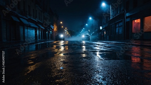 A misty night scene featuring rain-soaked streets illuminated by streetlights, creating a mysterious and atmospheric ambiance.