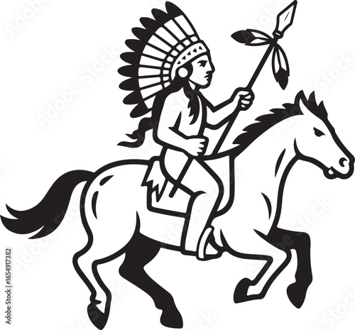 Native American Warrior on Horseback Vector Illustration Tribal Chief