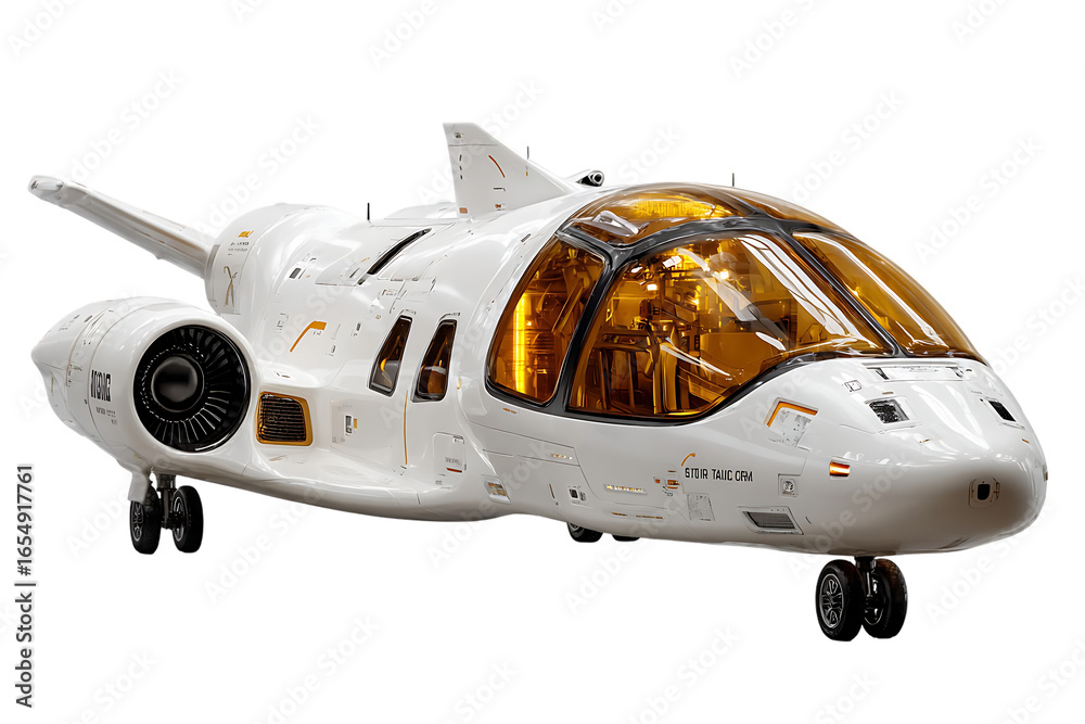Obraz premium Sleek futuristic white aircraft with golden cockpit windows and jet engine, ready for advanced travel.