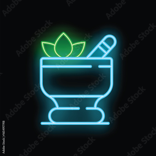 Neon sign illustrating a mortar and pestle crushing herbs, symbolizing natural medicine preparation