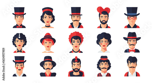 Collection of fifteen diverse cartoon avatars with various hats and hairstyles on a white background