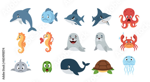 Various cartoon sea animals displaying different emotions such as sadness and happiness in a group of images