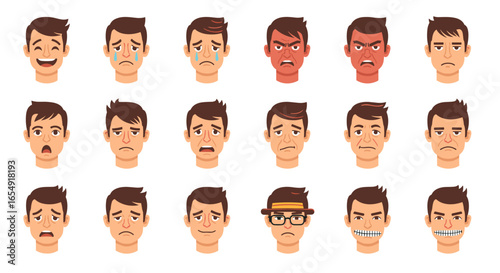 Illustration showing a variety of different facial expressions of a man with brown hair and light skin