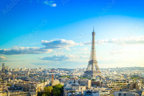 panoramic view of famous Eiffel Tower and Paris roofs, Paris France