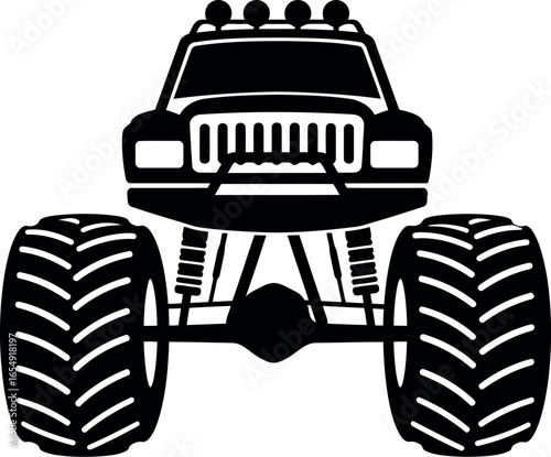 Front view silhouette of a powerful monster truck with oversized tires and off road suspension lifted high