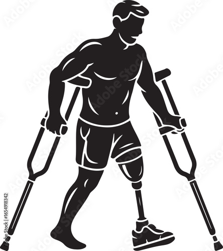 Amputee Athlete Walking with Crutches Silhouette Vector Illustration Art