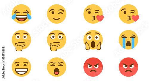 A collection of twelve yellow emojis displaying various expressions and emotional states in a grid pattern