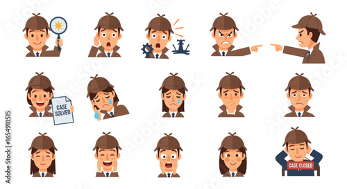 Various cartoon detective characters displaying a range of emotions and solving cases with tools