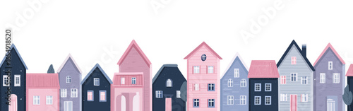 A row of cute houses in pink and navy blue, a simple flat vector illustration style with a white background. The buildings have symmetrical shapes and appear to be made from a soft fabric material.
