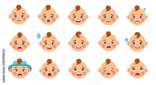 Baby face expressions showing different emotions such as happy sad angry and surprised isolated on white