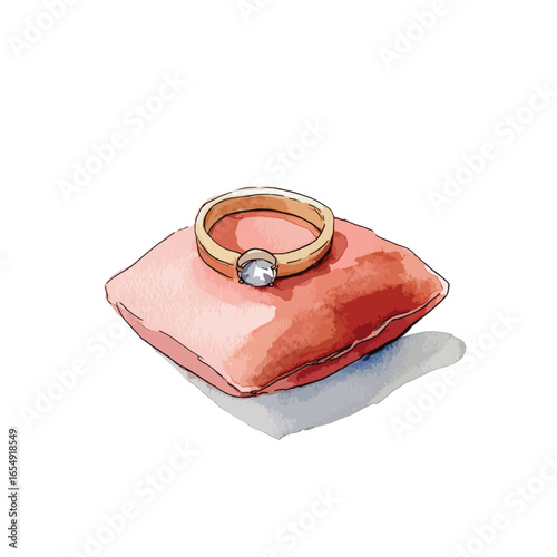 Watercolor Ring Resting on a Pink Pillow with a Diamond Gemstone
