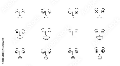 Collection of twelve minimalist cartoon faces expressing various emotions in a simple line drawing style