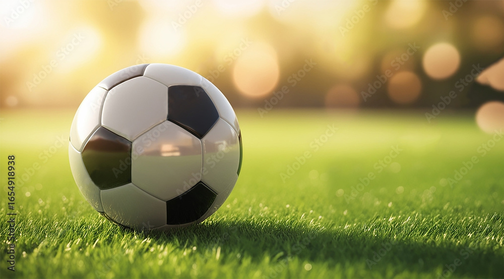Fototapeta premium Adorable Soccer Ball On Green Grass Background, soccer ball, football field, football ground