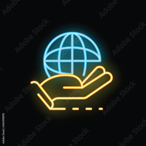 Neon hand holding planet earth globe icon on black background representing global business and worldwide partnership