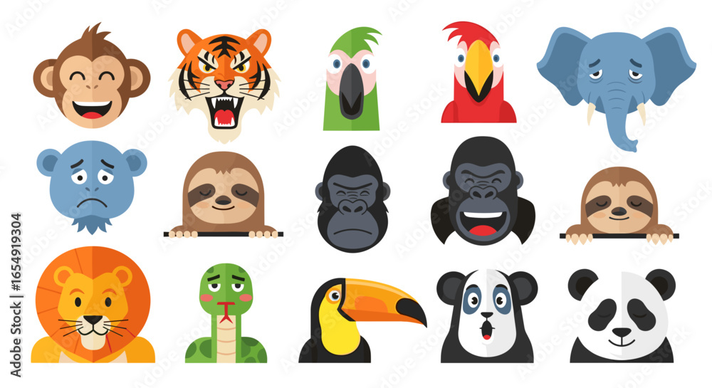 Fototapeta premium Collection of cartoon animal faces including monkey tiger parrot elephant lion and more in a flat design