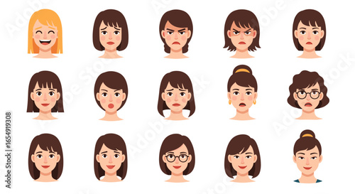 Collection of fifteen cartoon women displaying various facial expressions and emotional states on a white background
