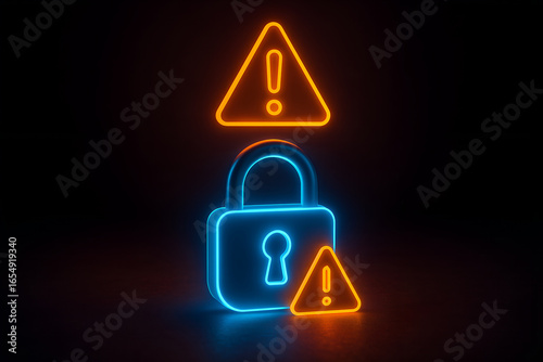 Glowing padlock and warning signs cybersecurity alert