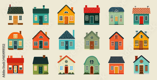 A set of colorful icons featuring houses in a flat design, each house with a different color and shape, arranged neatly on the canvas. The icons are designed to be simple yet appealing, suitable