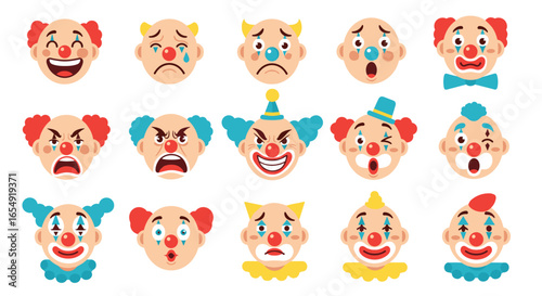 Collection of cartoon clown faces showing different emotions and expressions in a colorful illustration