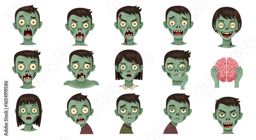 Collection of cartoon zombie faces with various expressions and a brain held by hands