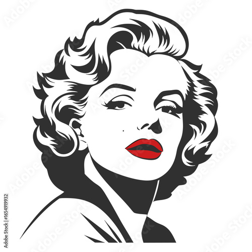 Stylized black and white portrait of a woman with red lips face head
