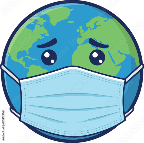 Sad cartoon earth wearing a protective medical face mask expressing concern for global health and environmental issues