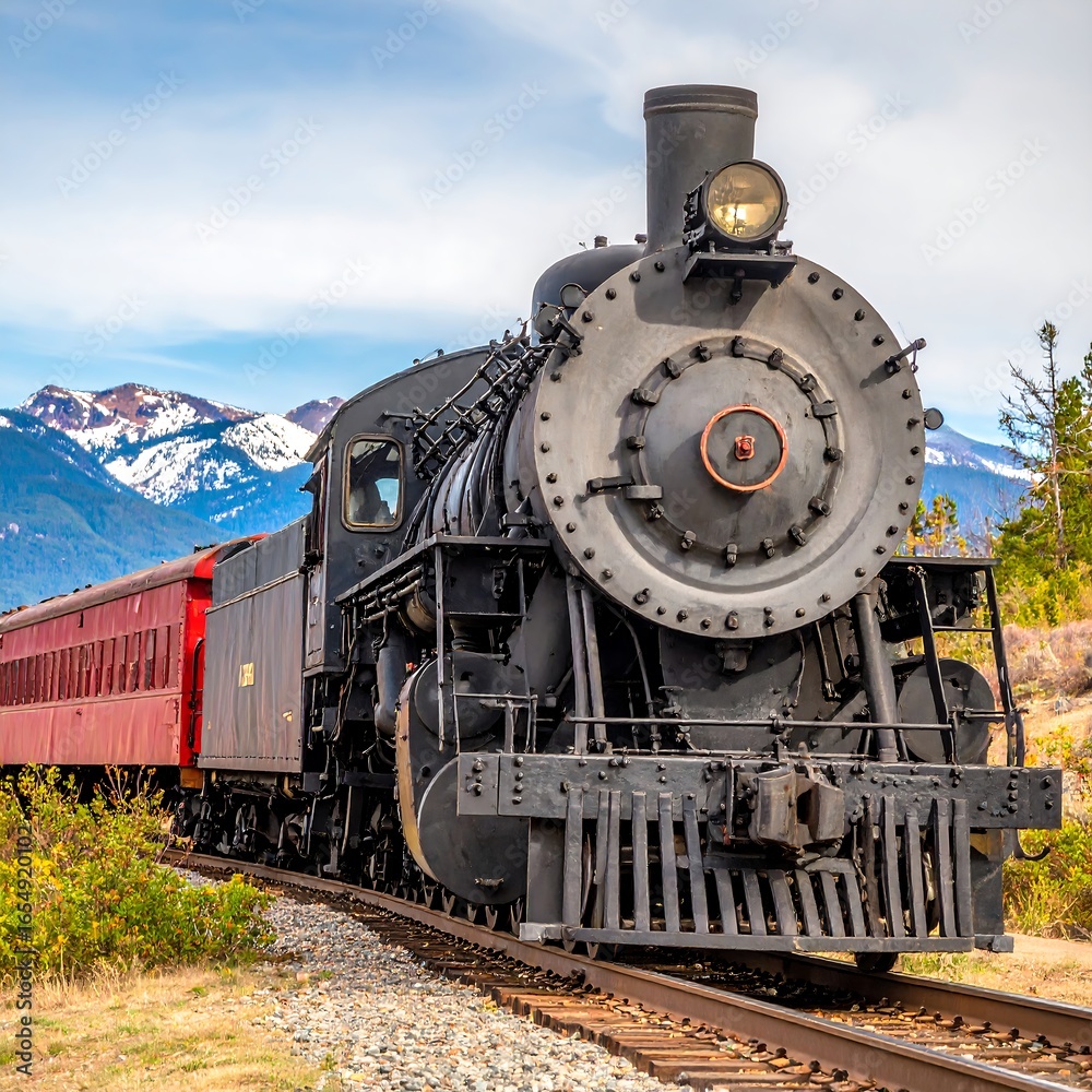 Fototapeta premium Vintage steam locomotive train in mountains