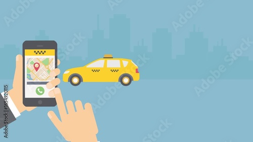 Person using smartphone app to order yellow taxi cab