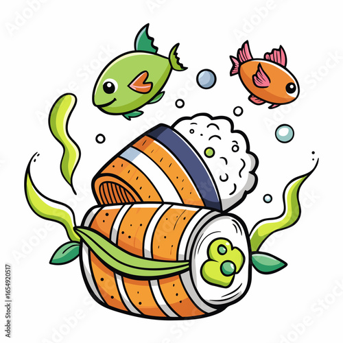 Adorable cartoon sushi rolls with playful fish and seaweed create a whimsical underwater culinary scene, perfect for food blogs and playful branding.