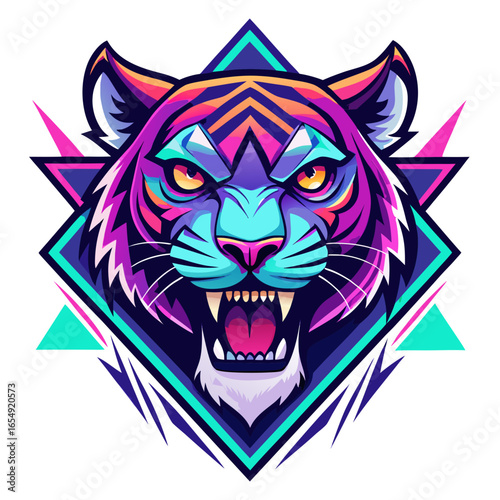 Fierce vibrant tiger roaring with intense eyes and striking geometric patterns, exuding powerful energy and bold modern style for dynamic designs and brand visuals