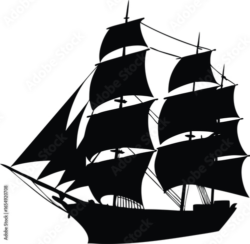 Vintage Sailing Ship Silhouette Vector Illustration of Nautical Tall Ship with Sails for Maritime Decor and Classic Design
